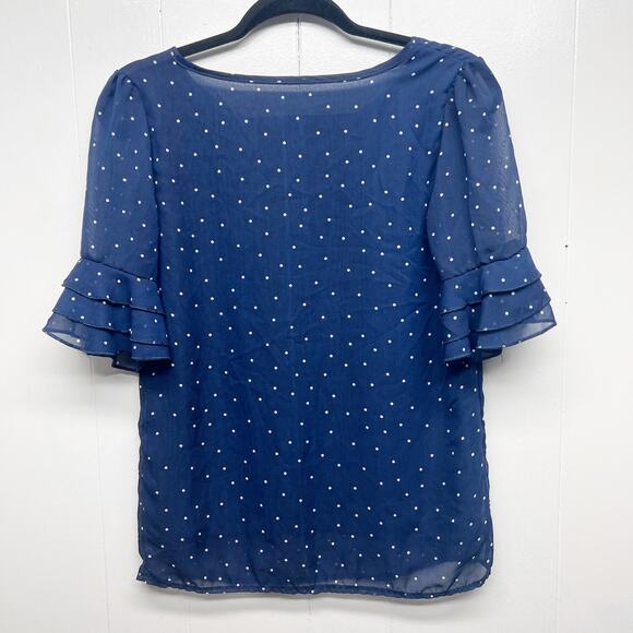 Women's Polka Dot Navy Blue Ruffle Sleeve Women's Top Size Small Lightweight - Picture 6 of 13